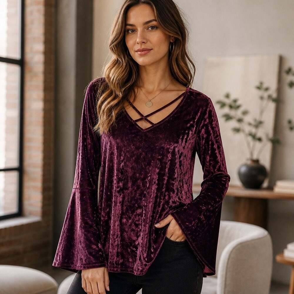 Jodifl Crushed Velvet V-Neck Crisscross Bell Sleeve Burgundy Top Medium P2373